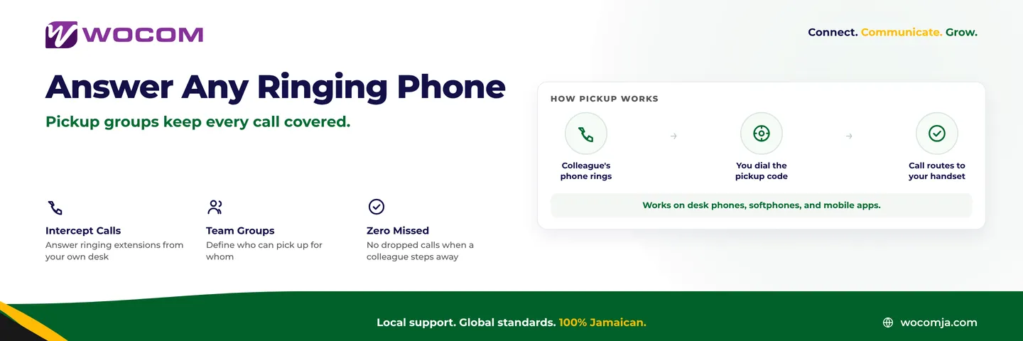 Cloud PBX Call Pickup Groups Jamaica: Answer Any Ringing Phone From Your Own Desk