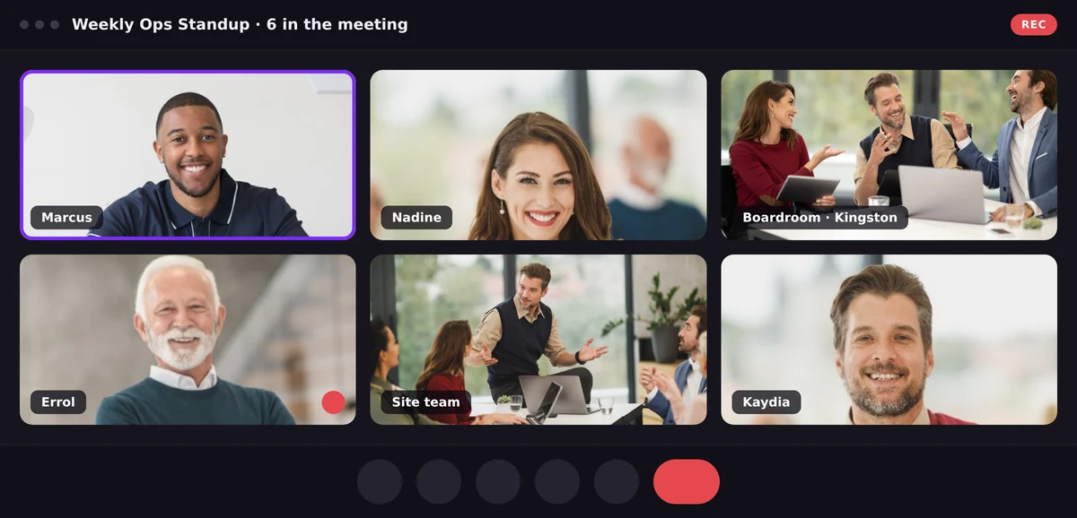 WOCOM Meet gallery view showing six participants in a video meeting with the active speaker highlighted