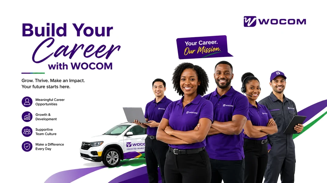 Build your career with WOCOM — grow, thrive, make an impact. WOCOM support, engineering and field staff in uniform beside a WOCOM service vehicle.