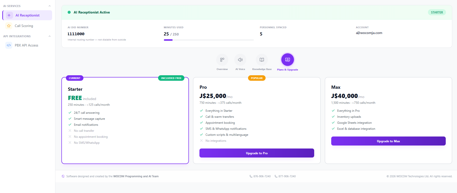 AI Receptionist Plans