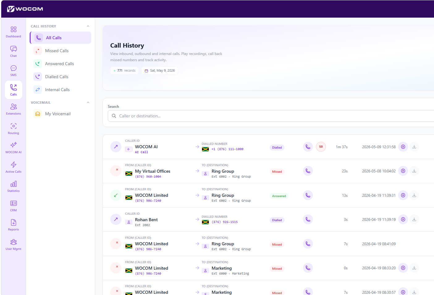 Call History in WocomHub, with filters for missed, answered, dialled and internal calls, a search box and a list of call records.