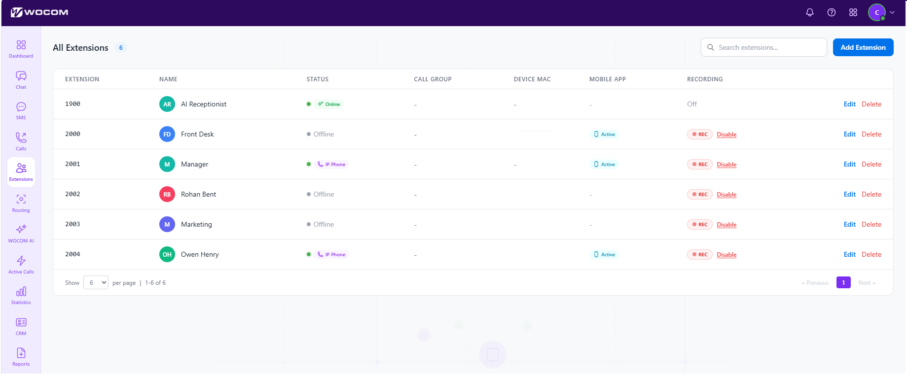 The Extensions list in WocomHub, with six extensions and columns for status, call group, device MAC, mobile app and recording.