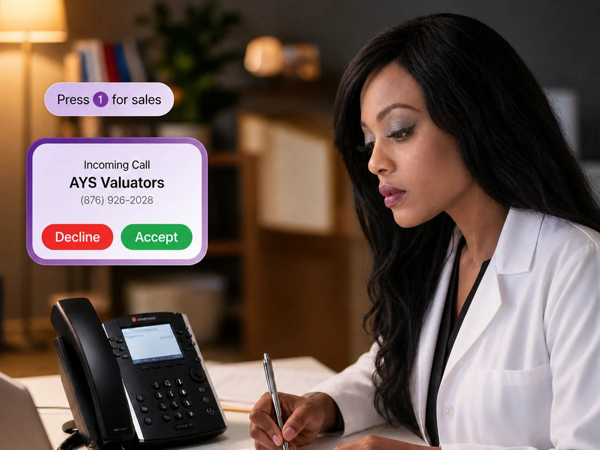 A Jamaican business owner at her desk with a WOCOM desk phone, an incoming call from AYS Valuators on screen and a "Press 1 for sales" menu