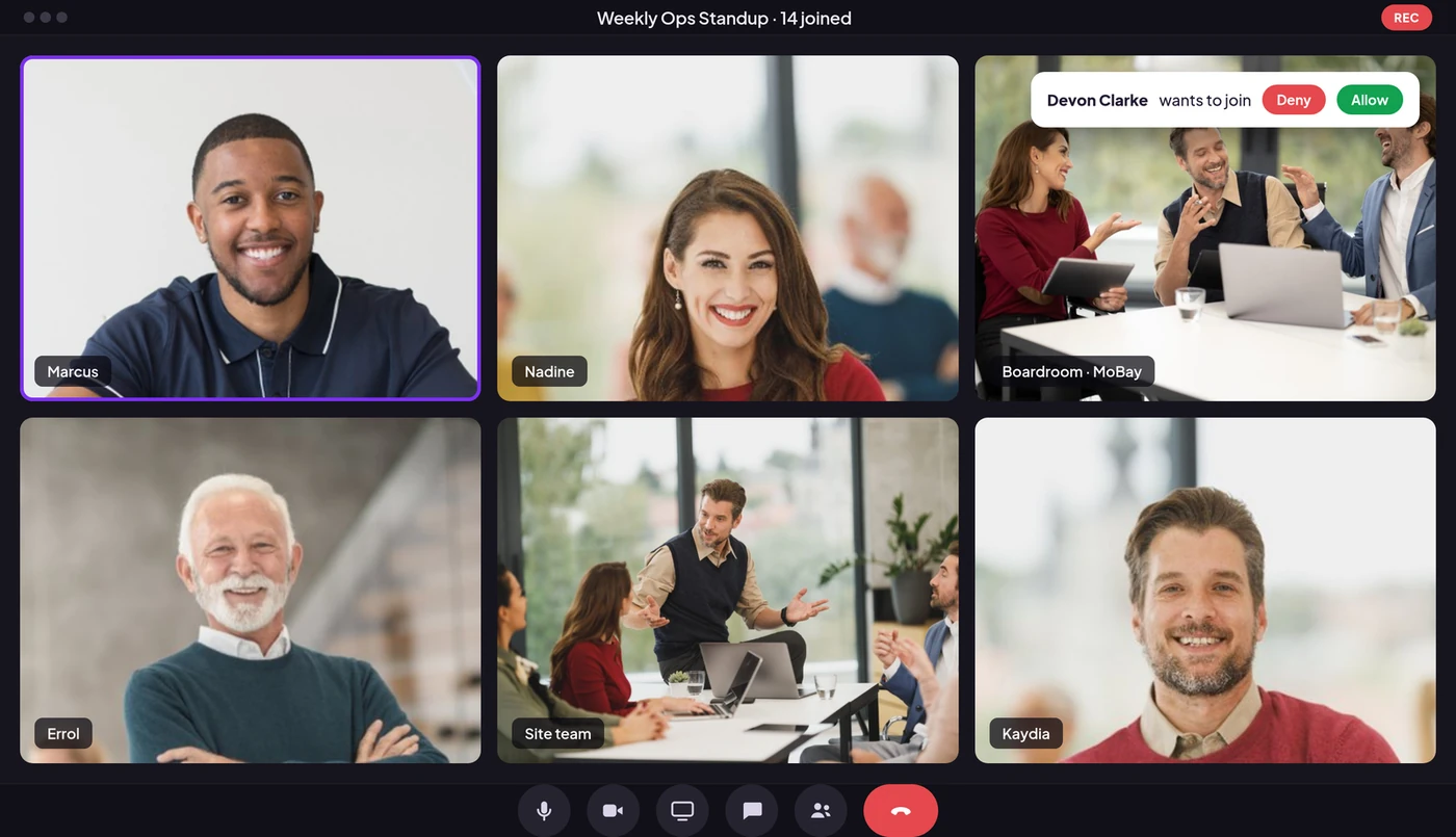 A WOCOM Meet video conference in gallery view — six participant tiles, recording, and a guest waiting to be admitted