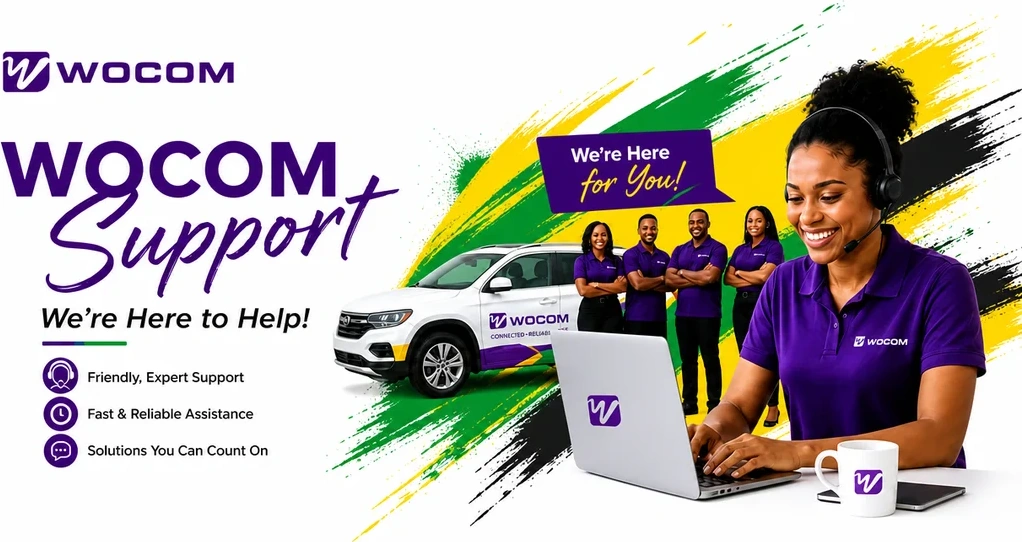 WOCOM Support &mdash; we're here to help. The WOCOM field team, a service vehicle and a support agent on a headset.
